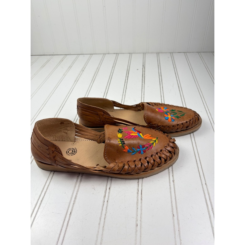 Artisan Mexican Leather Floral Embroidery Comfort Flats Huaraches Women's Size 8 - Picture 4 of 10